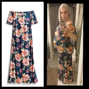 French grey off the shoulder maternity dress